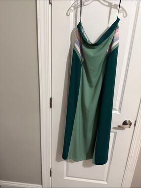 Green Colorblock Maxi Skirt with Striped Accents